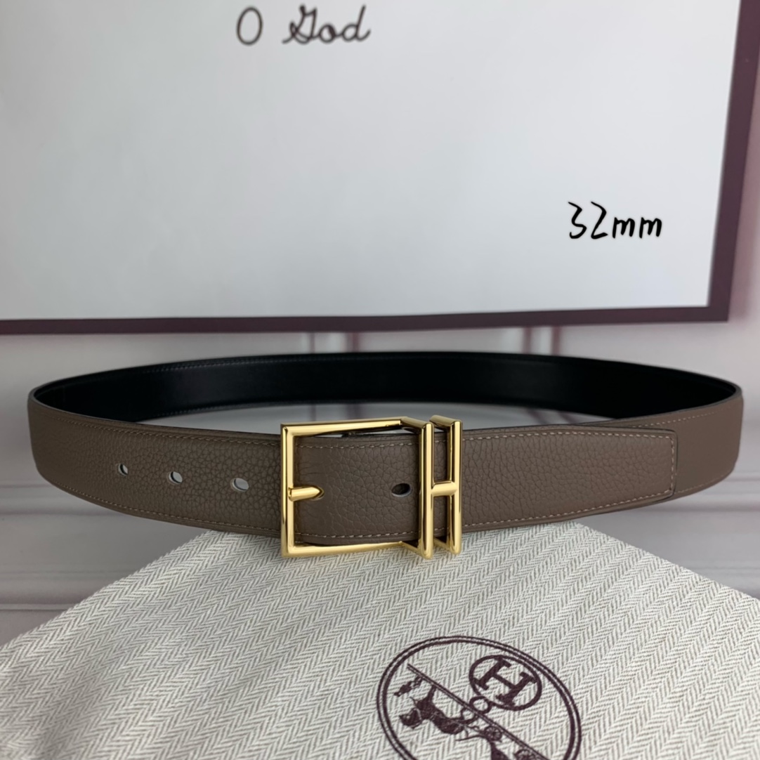 Hermès 爱马仕针扣  原单品质 头层牛皮 灰色荔枝纹搭配黑色平纹   32mm宽  双面可用  配官网H亮金/亮银