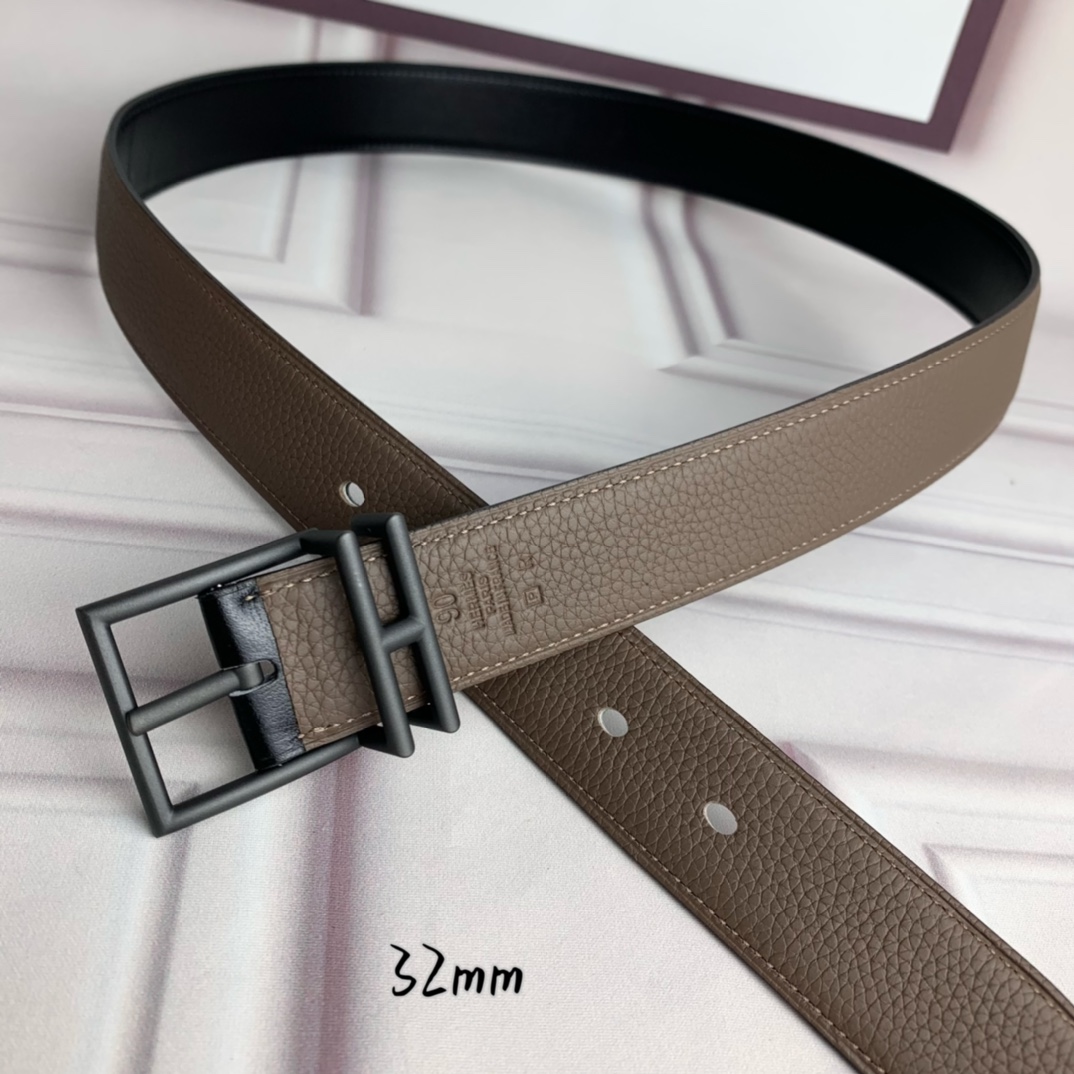 Hermès 爱马仕针扣  原单品质 头层牛皮 灰色荔枝纹搭配黑色平纹   32mm宽  双面可用  配官网H亮金/亮银