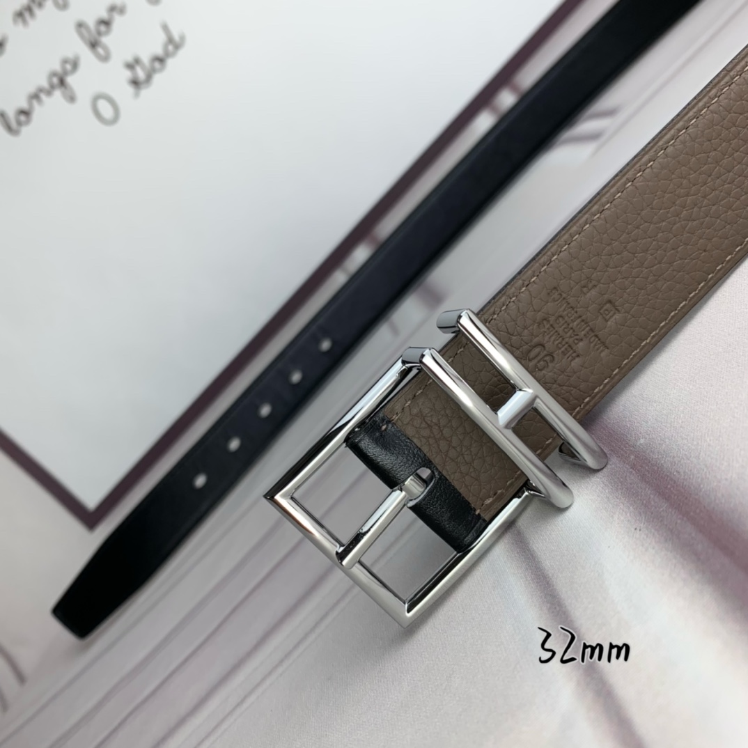 Hermès 爱马仕针扣  原单品质 头层牛皮 灰色荔枝纹搭配黑色平纹   32mm宽  双面可用  配官网H亮金/亮银