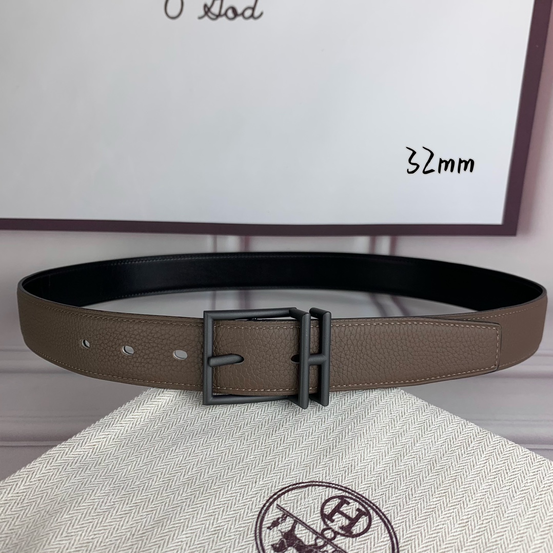Hermès 爱马仕针扣  原单品质 头层牛皮 灰色荔枝纹搭配黑色平纹   32mm宽  双面可用  配官网H亮金/亮银