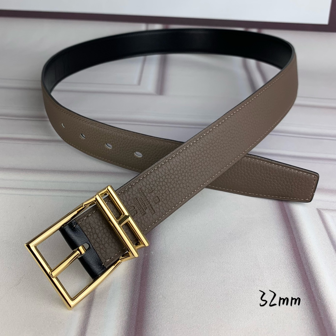 Hermès 爱马仕针扣  原单品质 头层牛皮 灰色荔枝纹搭配黑色平纹   32mm宽  双面可用  配官网H亮金/亮银
