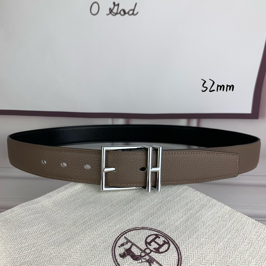 Hermès 爱马仕针扣  原单品质 头层牛皮 灰色荔枝纹搭配黑色平纹   32mm宽  双面可用  配官网H亮金/亮银