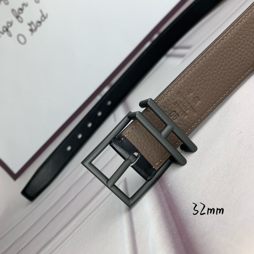 Hermès 爱马仕针扣  原单品质 头层牛皮 灰色荔枝纹搭配黑色平纹   32mm宽  双面可用  配官网H亮金/亮银