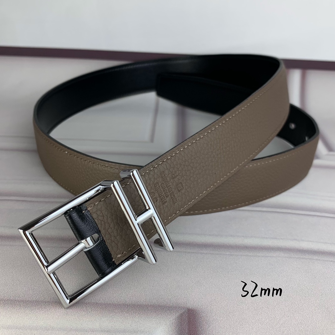 Hermès 爱马仕针扣  原单品质 头层牛皮 灰色荔枝纹搭配黑色平纹   32mm宽  双面可用  配官网H亮金/亮银