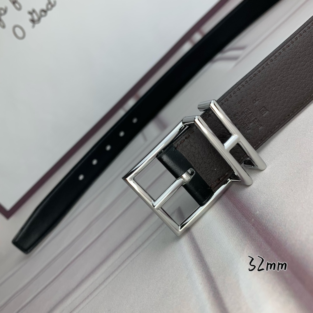 Hermès 爱马仕针扣  原单品质 头层牛皮 咖啡荔枝纹搭配黑色平纹   32mm宽  双面可用  配官网H亮金/亮银