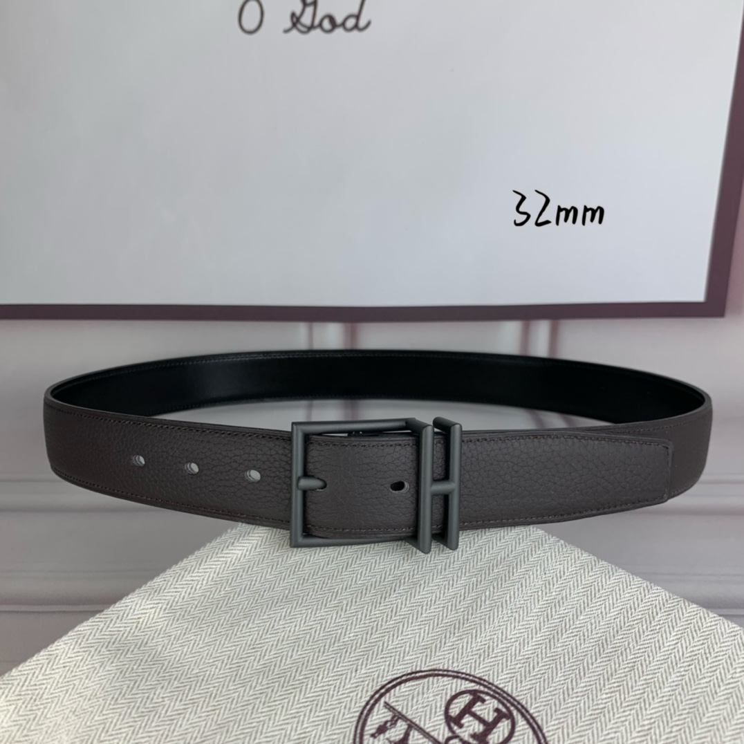 Hermès 爱马仕针扣  原单品质 头层牛皮 咖啡荔枝纹搭配黑色平纹   32mm宽  双面可用  配官网H亮金/亮银