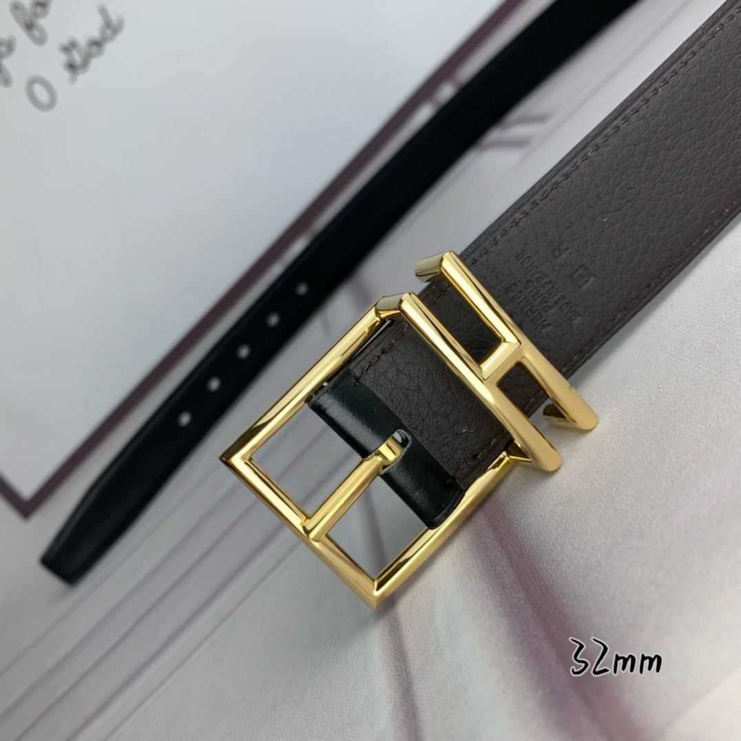 Hermès 爱马仕针扣  原单品质 头层牛皮 咖啡荔枝纹搭配黑色平纹   32mm宽  双面可用  配官网H亮金/亮银