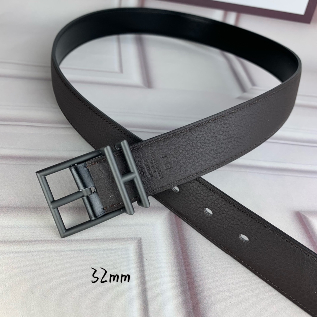 Hermès 爱马仕针扣  原单品质 头层牛皮 咖啡荔枝纹搭配黑色平纹   32mm宽  双面可用  配官网H亮金/亮银