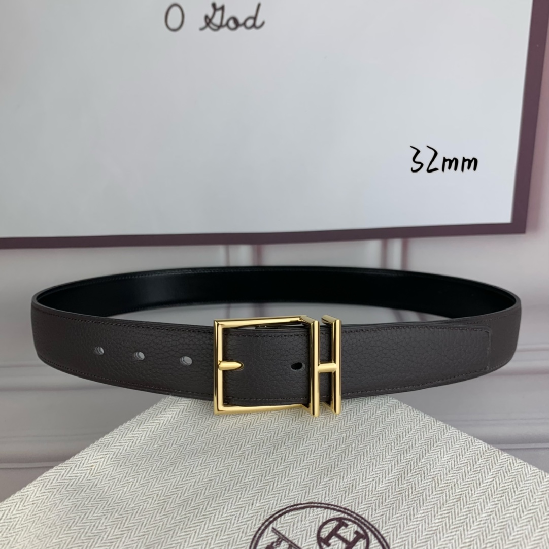 Hermès 爱马仕针扣  原单品质 头层牛皮 咖啡荔枝纹搭配黑色平纹   32mm宽  双面可用  配官网H亮金/亮银