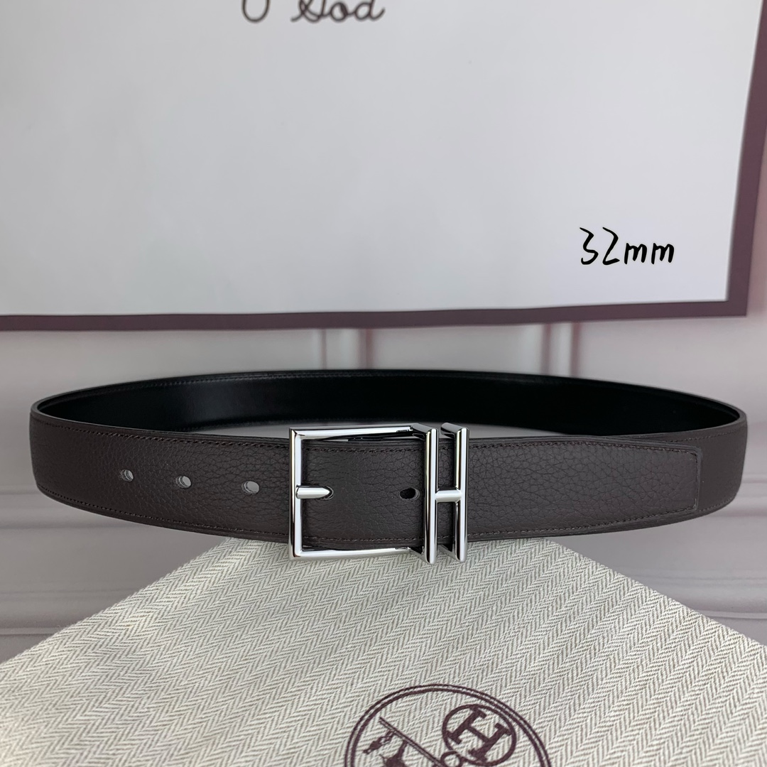 Hermès 爱马仕针扣  原单品质 头层牛皮 咖啡荔枝纹搭配黑色平纹   32mm宽  双面可用  配官网H亮金/亮银
