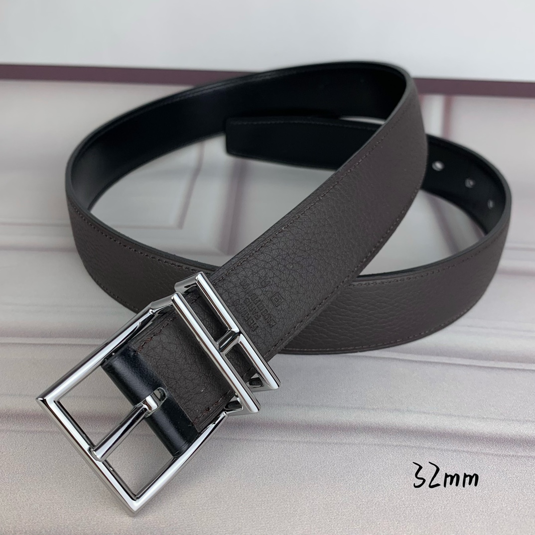 Hermès 爱马仕针扣  原单品质 头层牛皮 咖啡荔枝纹搭配黑色平纹   32mm宽  双面可用  配官网H亮金/亮银