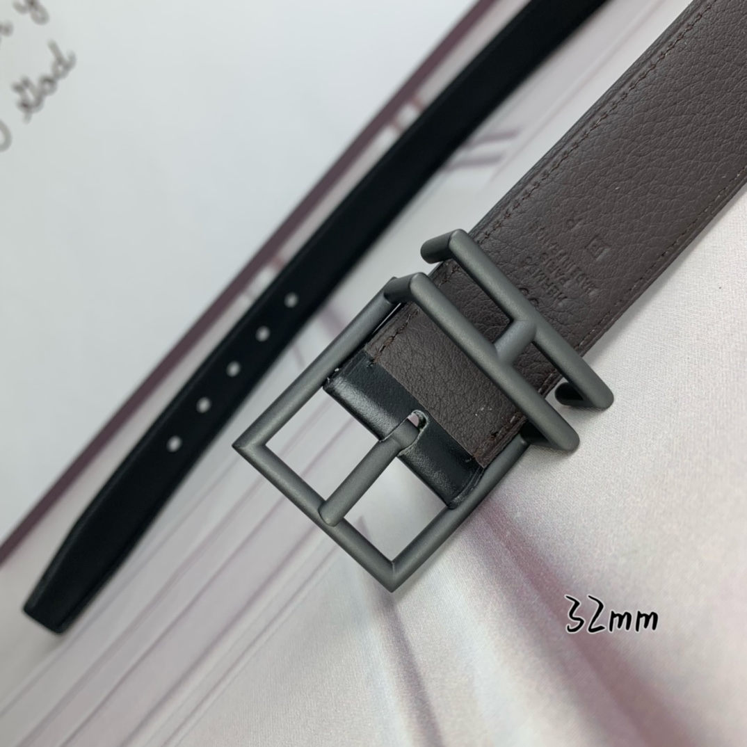 Hermès 爱马仕针扣  原单品质 头层牛皮 咖啡荔枝纹搭配黑色平纹   32mm宽  双面可用  配官网H亮金/亮银
