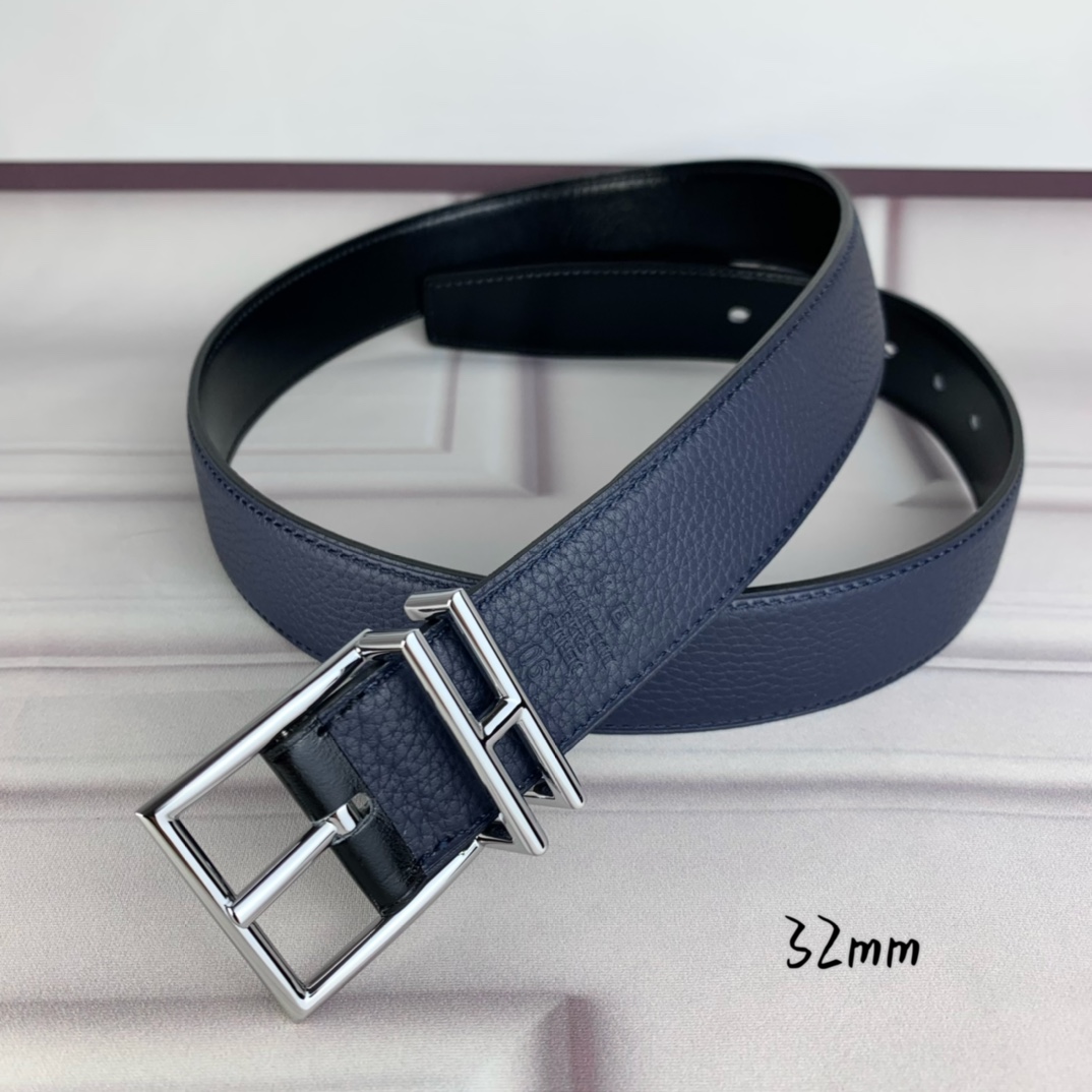 Hermès 爱马仕针扣  原单品质 头层牛皮 深蓝色荔枝纹搭配黑色平纹   32mm宽  双面可用  配官网H亮金/亮
