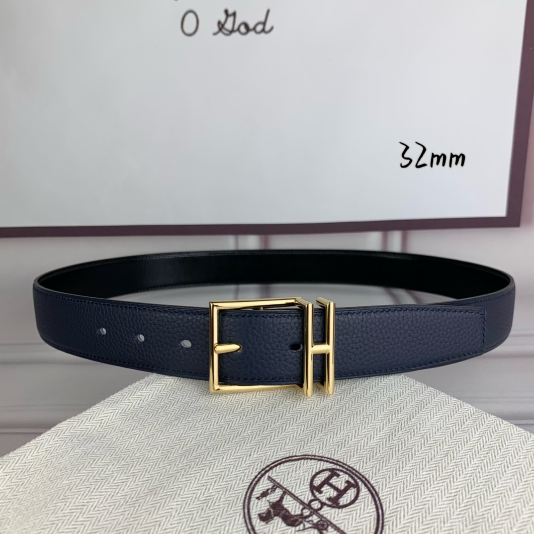 Hermès 爱马仕针扣  原单品质 头层牛皮 深蓝色荔枝纹搭配黑色平纹   32mm宽  双面可用  配官网H亮金/亮