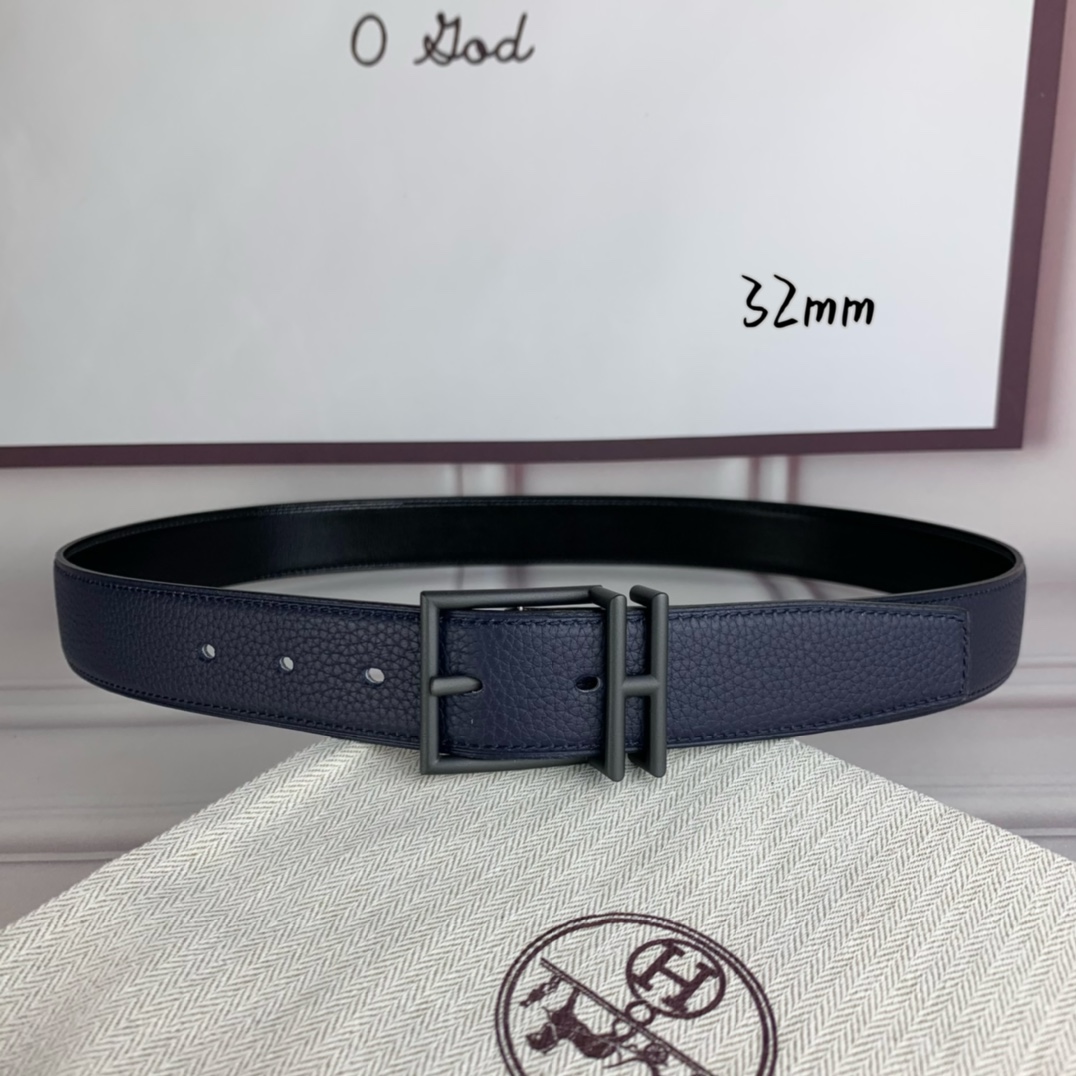 Hermès 爱马仕针扣  原单品质 头层牛皮 深蓝色荔枝纹搭配黑色平纹   32mm宽  双面可用  配官网H亮金/亮