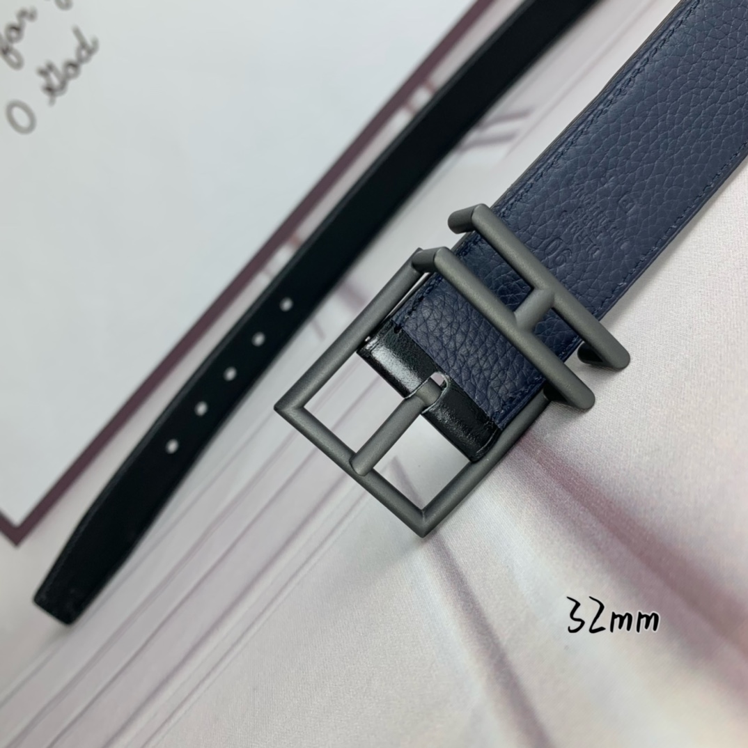 Hermès 爱马仕针扣  原单品质 头层牛皮 深蓝色荔枝纹搭配黑色平纹   32mm宽  双面可用  配官网H亮金/亮