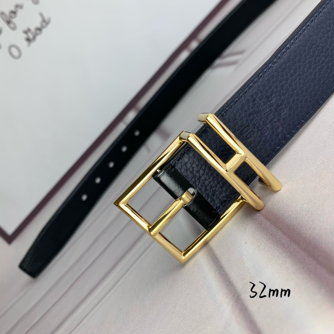 Hermès 爱马仕针扣  原单品质 头层牛皮 深蓝色荔枝纹搭配黑色平纹   32mm宽  双面可用  配官网H亮金/亮