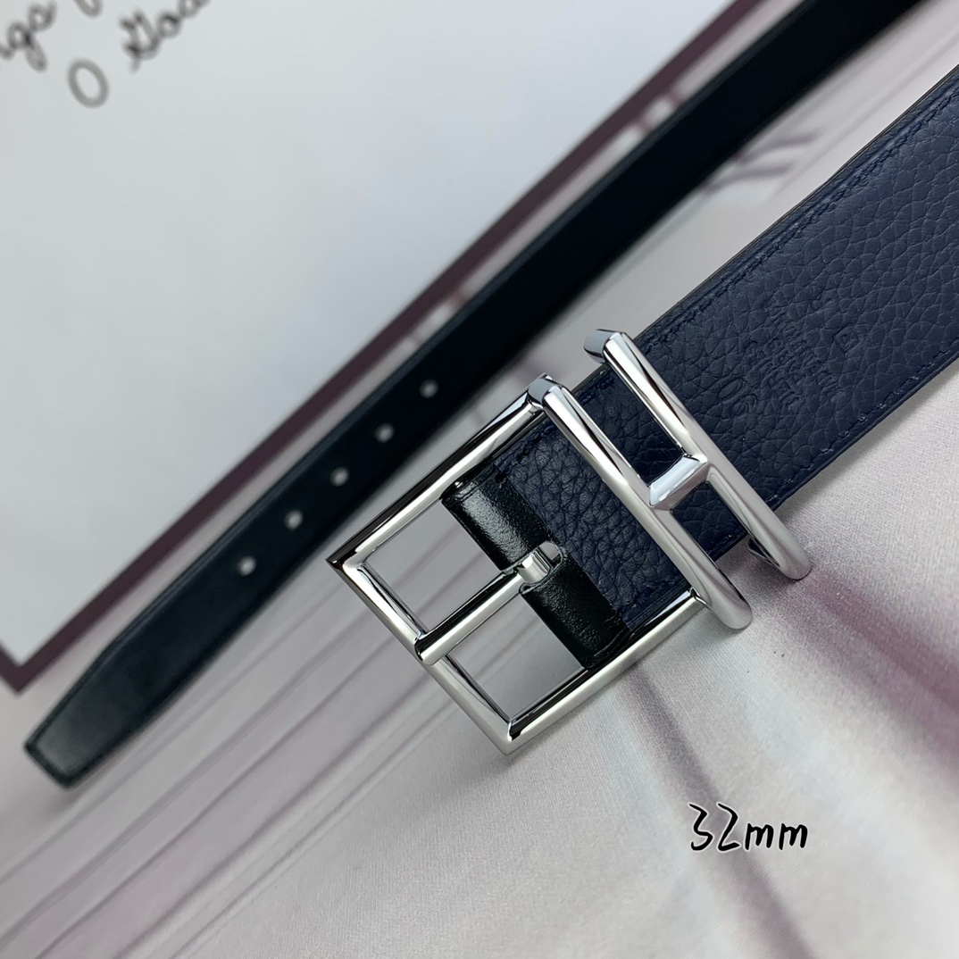 Hermès 爱马仕针扣  原单品质 头层牛皮 深蓝色荔枝纹搭配黑色平纹   32mm宽  双面可用  配官网H亮金/亮