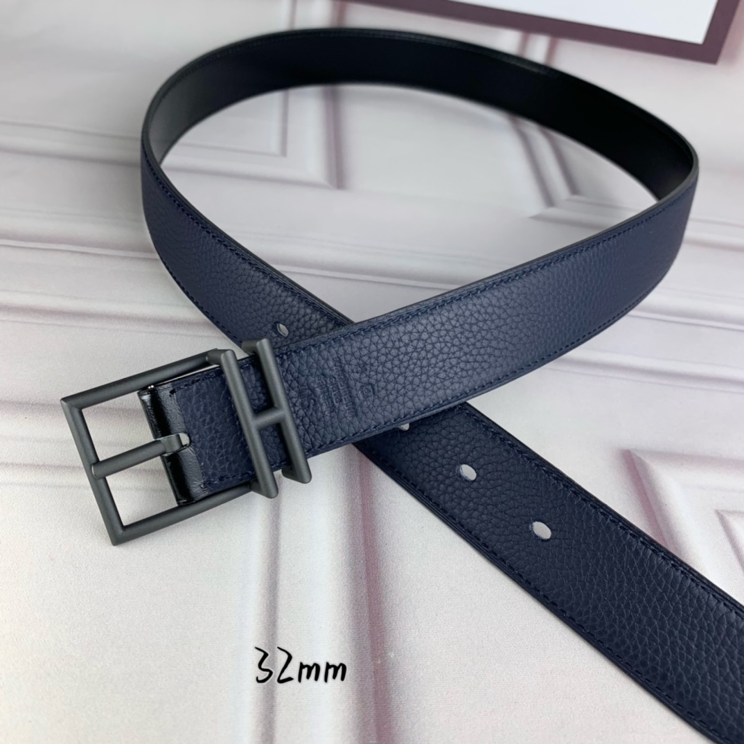 Hermès 爱马仕针扣  原单品质 头层牛皮 深蓝色荔枝纹搭配黑色平纹   32mm宽  双面可用  配官网H亮金/亮