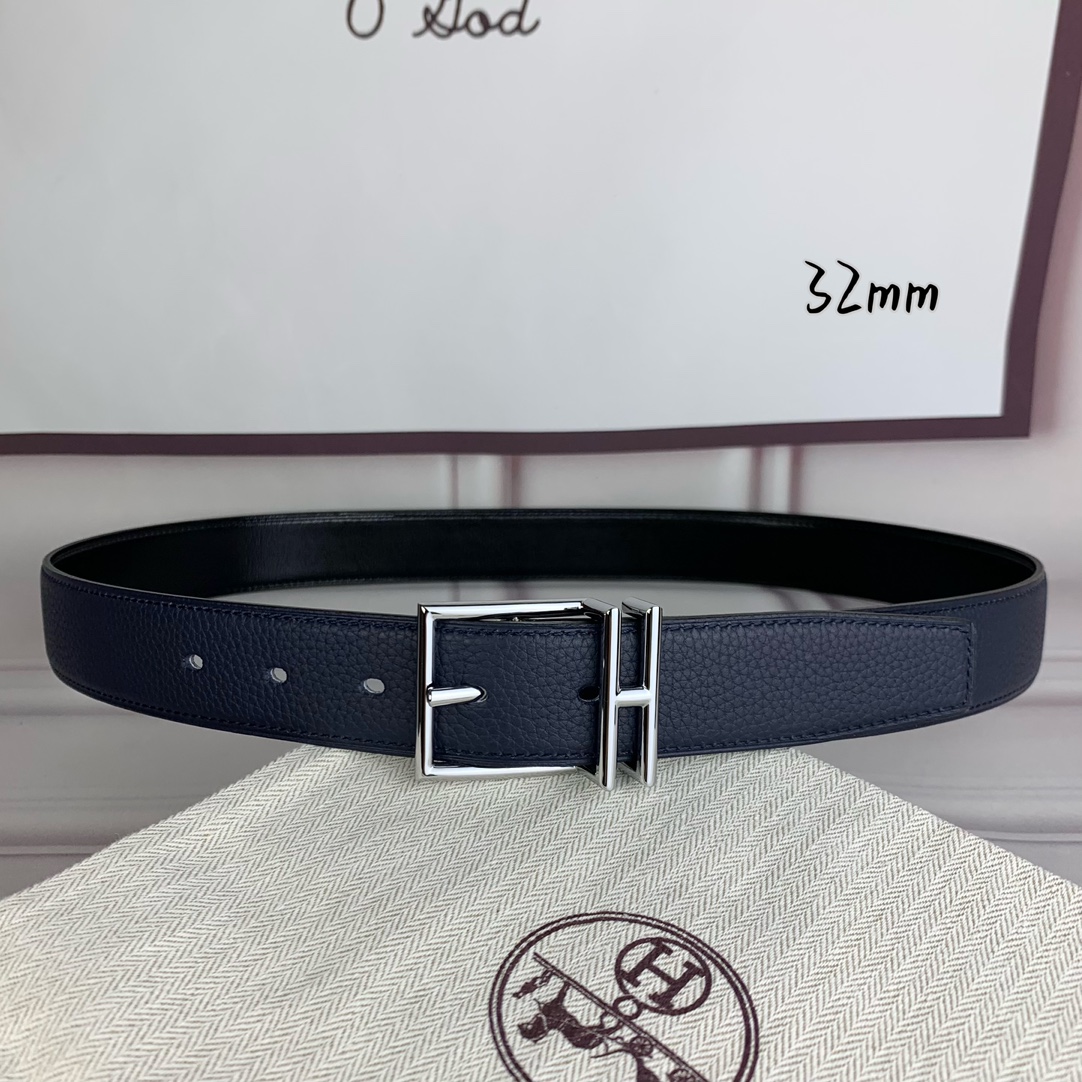 Hermès 爱马仕针扣  原单品质 头层牛皮 深蓝色荔枝纹搭配黑色平纹   32mm宽  双面可用  配官网H亮金/亮