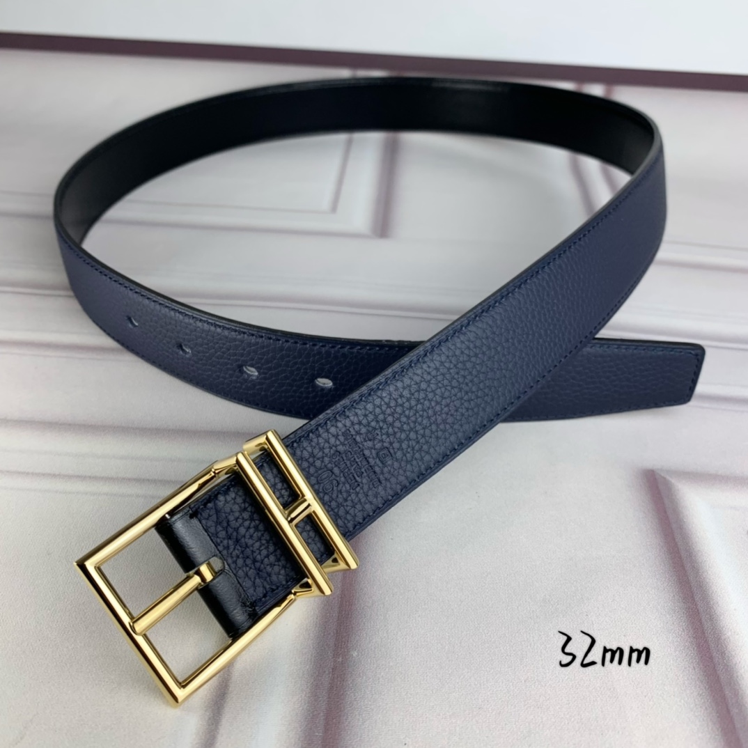 Hermès 爱马仕针扣  原单品质 头层牛皮 深蓝色荔枝纹搭配黑色平纹   32mm宽  双面可用  配官网H亮金/亮
