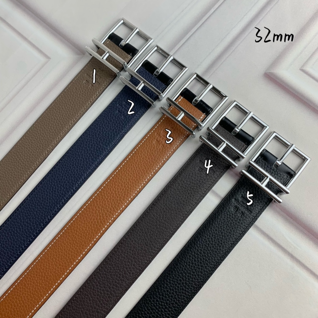 Hermès 爱马仕针扣  原单品质 头层牛皮  荔枝纹搭配黑色平纹   32mm宽  双面可用  配官网H亮金/亮银/