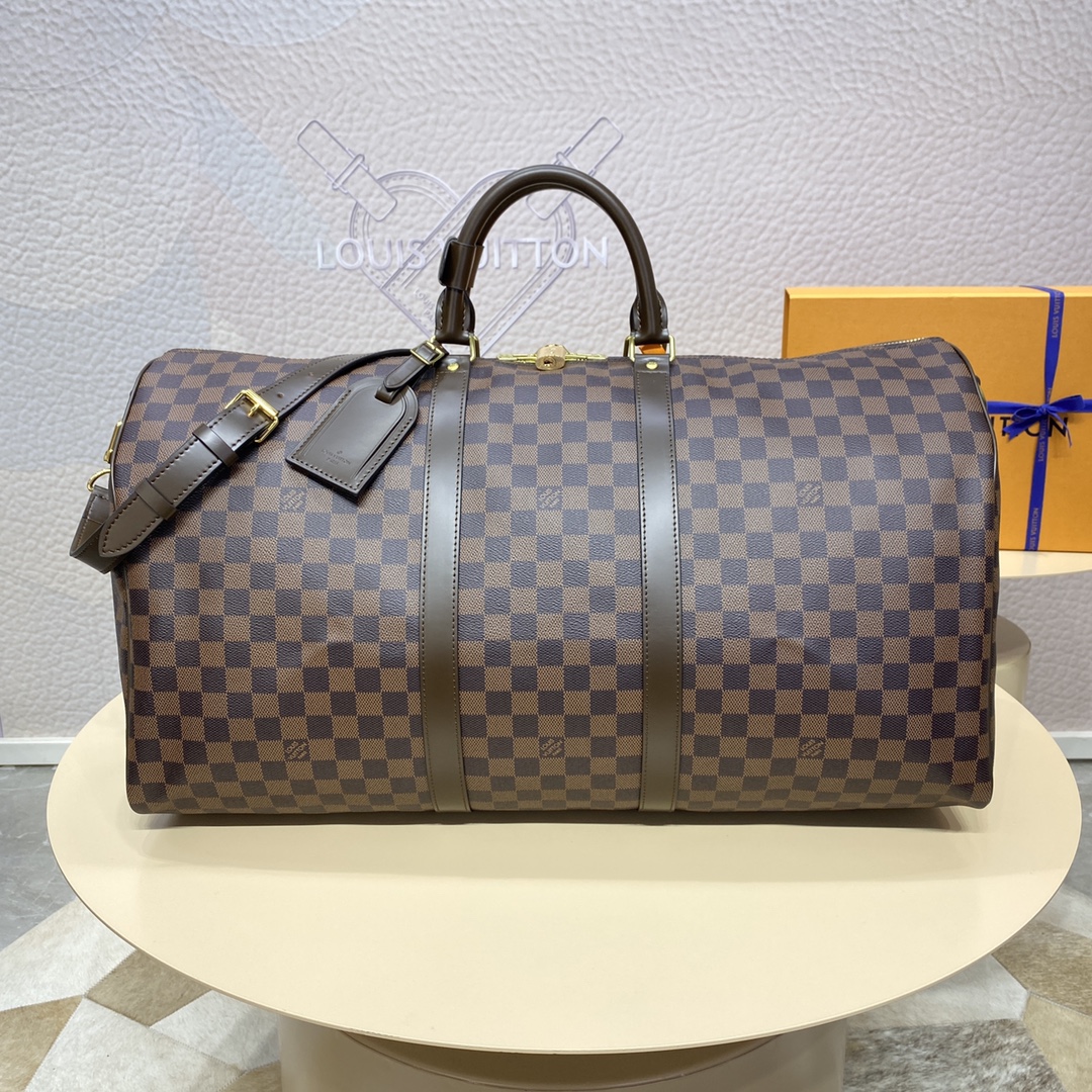Louis Vuitton LV Keepall Best
 Travel Bags Black Grid Coffee Color Gold Damier Azur Canvas Cotton Cowhide N41413