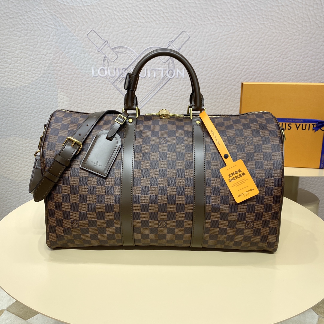 Louis Vuitton LV Keepall 1:1
 Travel Bags Black Grid Coffee Color Gold Damier Azur Canvas Cotton Cowhide N41418