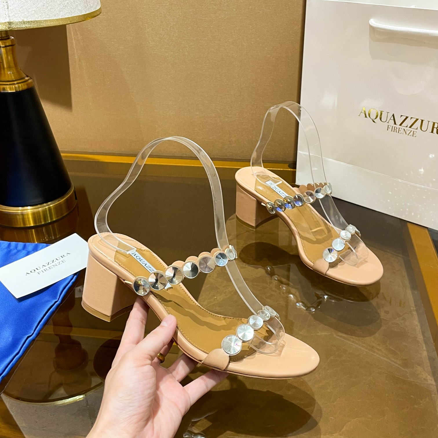 Aquazzura Beige Embellished Block Heel Mules