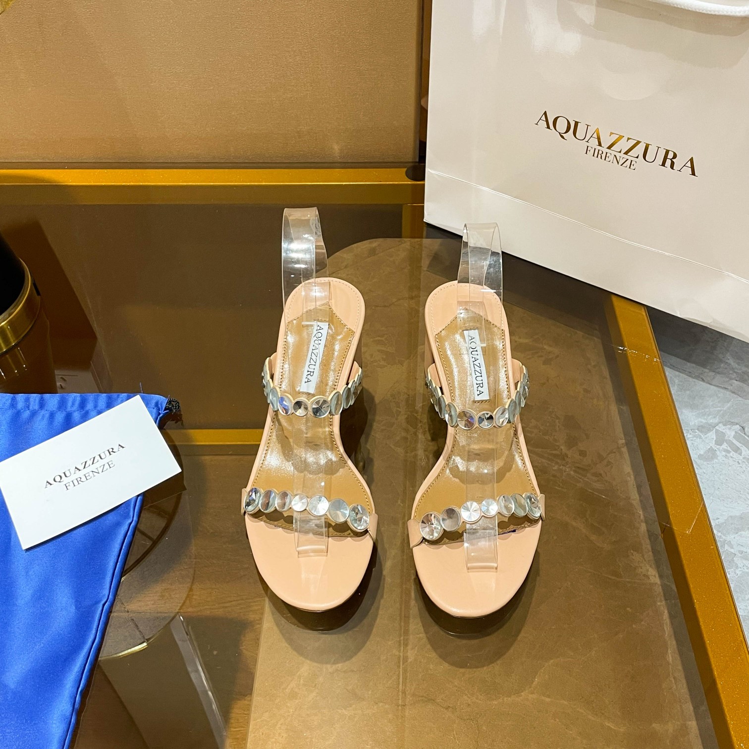 Aquazzura Beige Embellished Block Heel Mules
