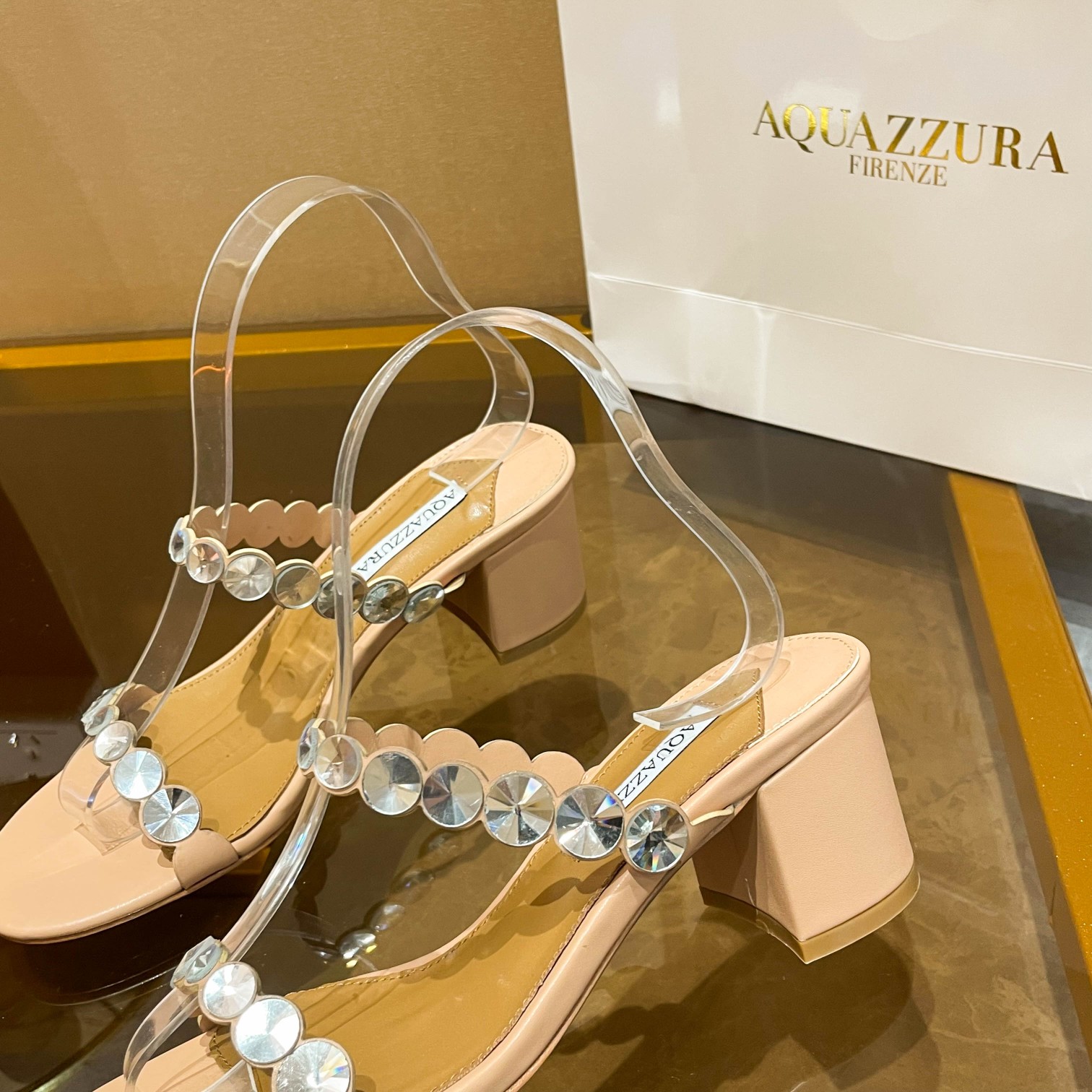 Aquazzura Beige Embellished Block Heel Mules