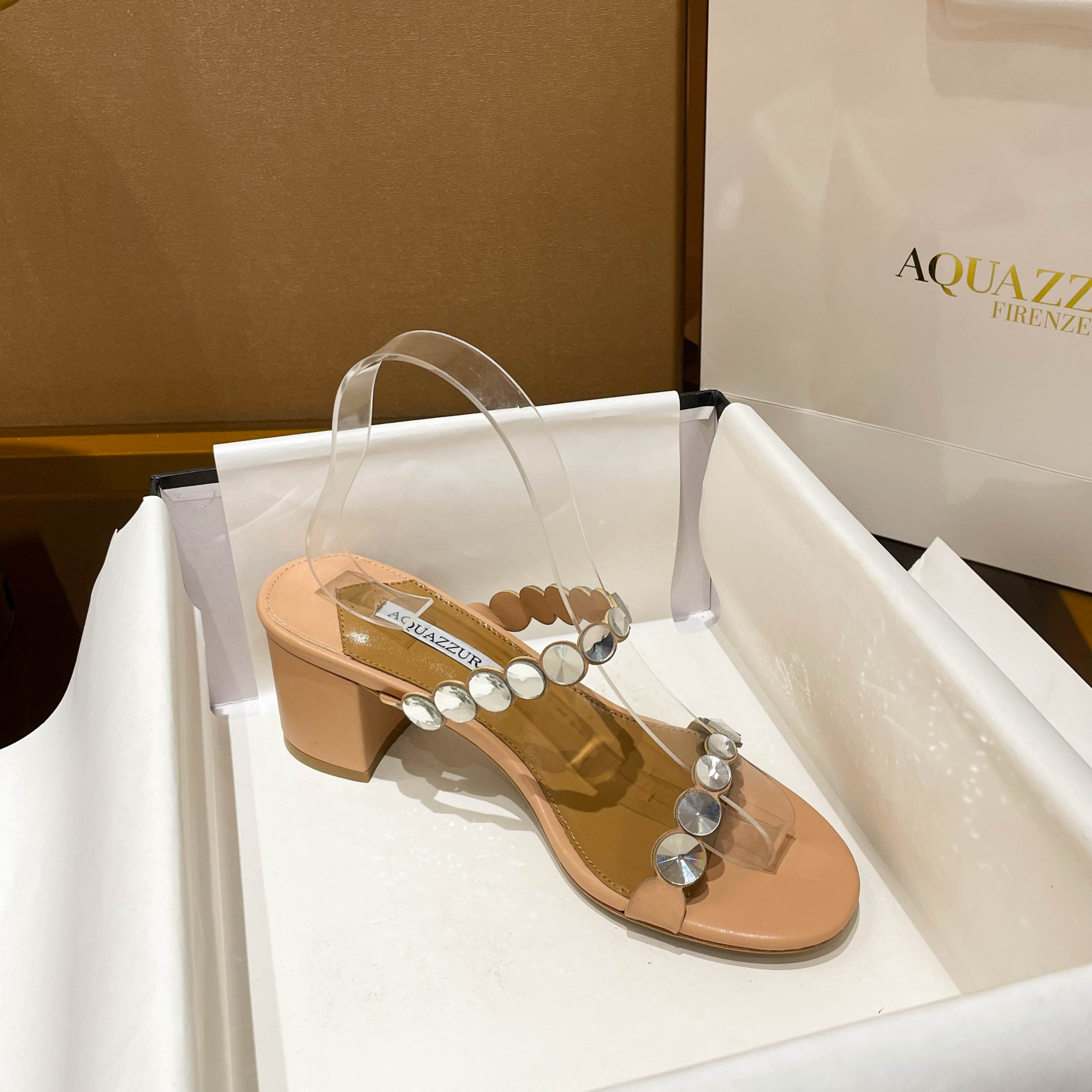 Aquazzura Beige Embellished Block Heel Mules