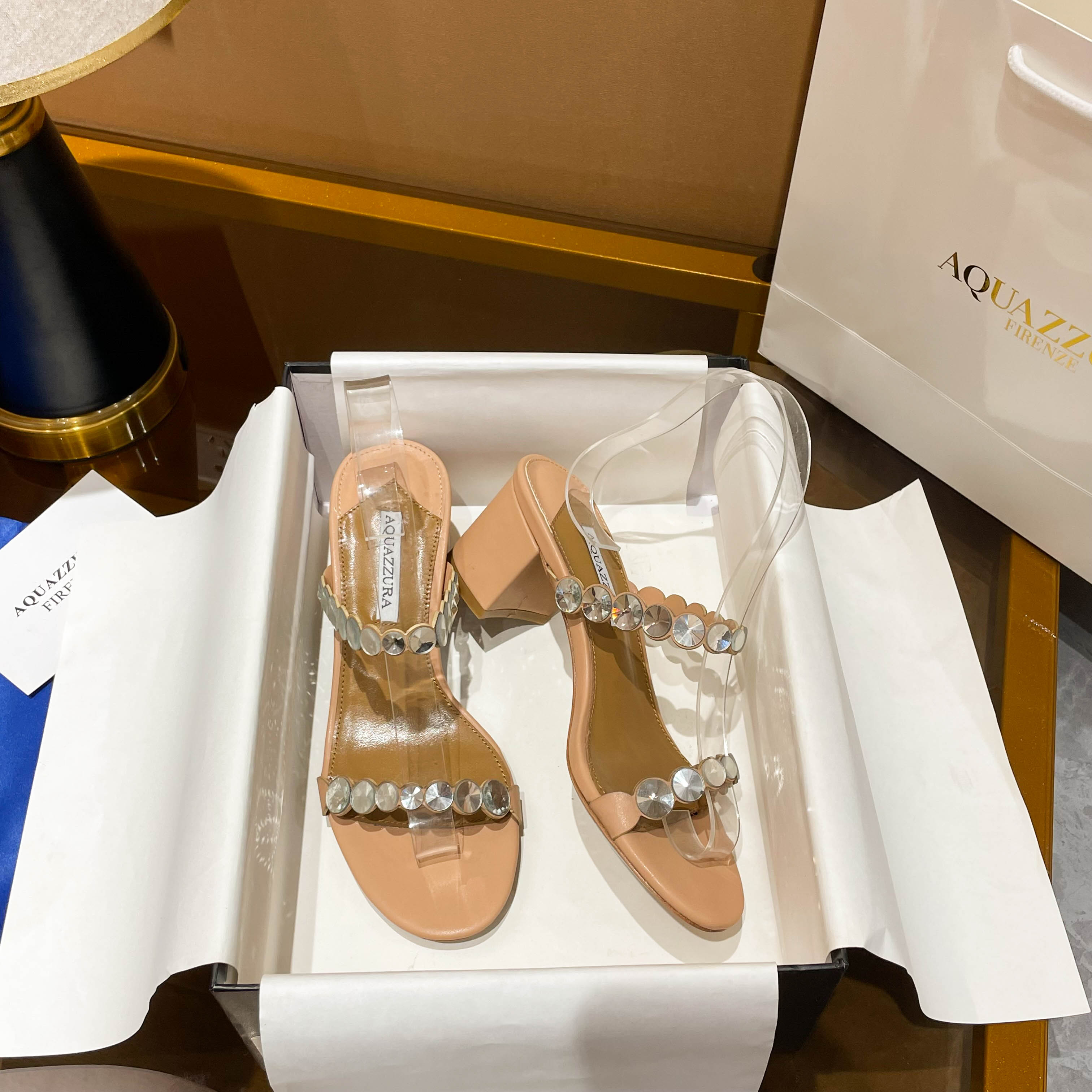 Aquazzura Beige Embellished Block Heel Mules