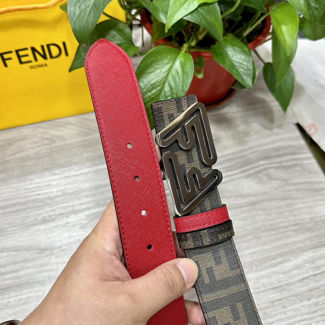 FENDI（芬迪）专柜同款 宽4.0CM 双环正反用腰带 FF按钉搭扣