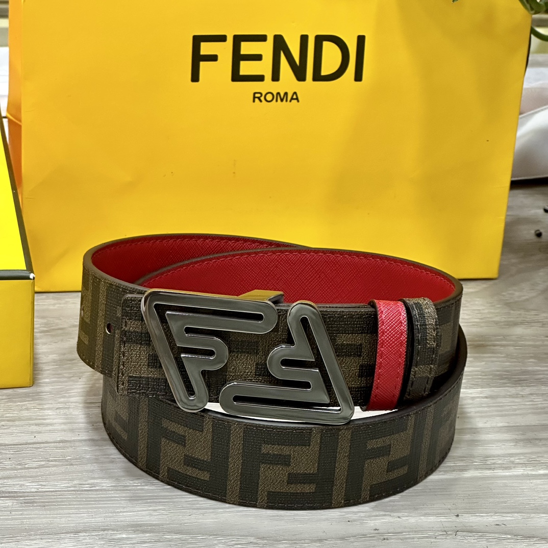 FENDI（芬迪）专柜同款 宽4.0CM 双环正反用腰带 FF按钉搭扣