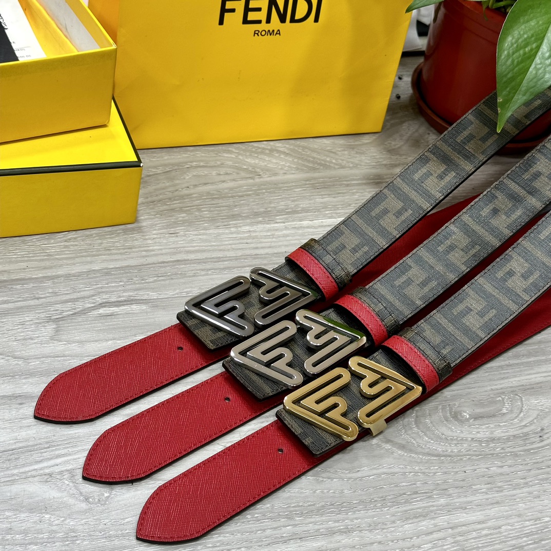 FENDI（芬迪）专柜同款 宽4.0CM 双环正反用腰带 FF按钉搭扣