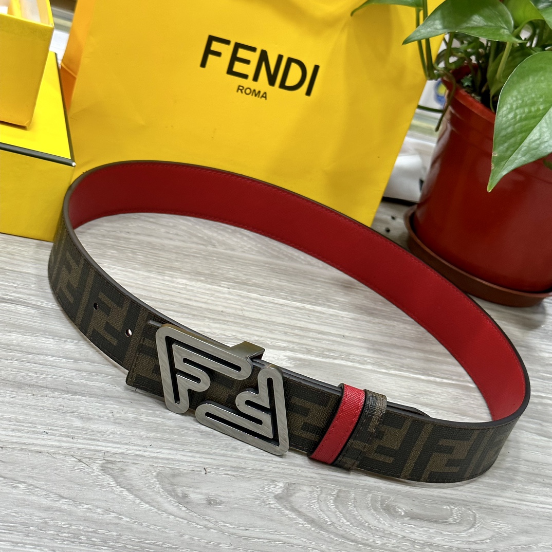 FENDI（芬迪）专柜同款 宽4.0CM 双环正反用腰带 FF按钉搭扣