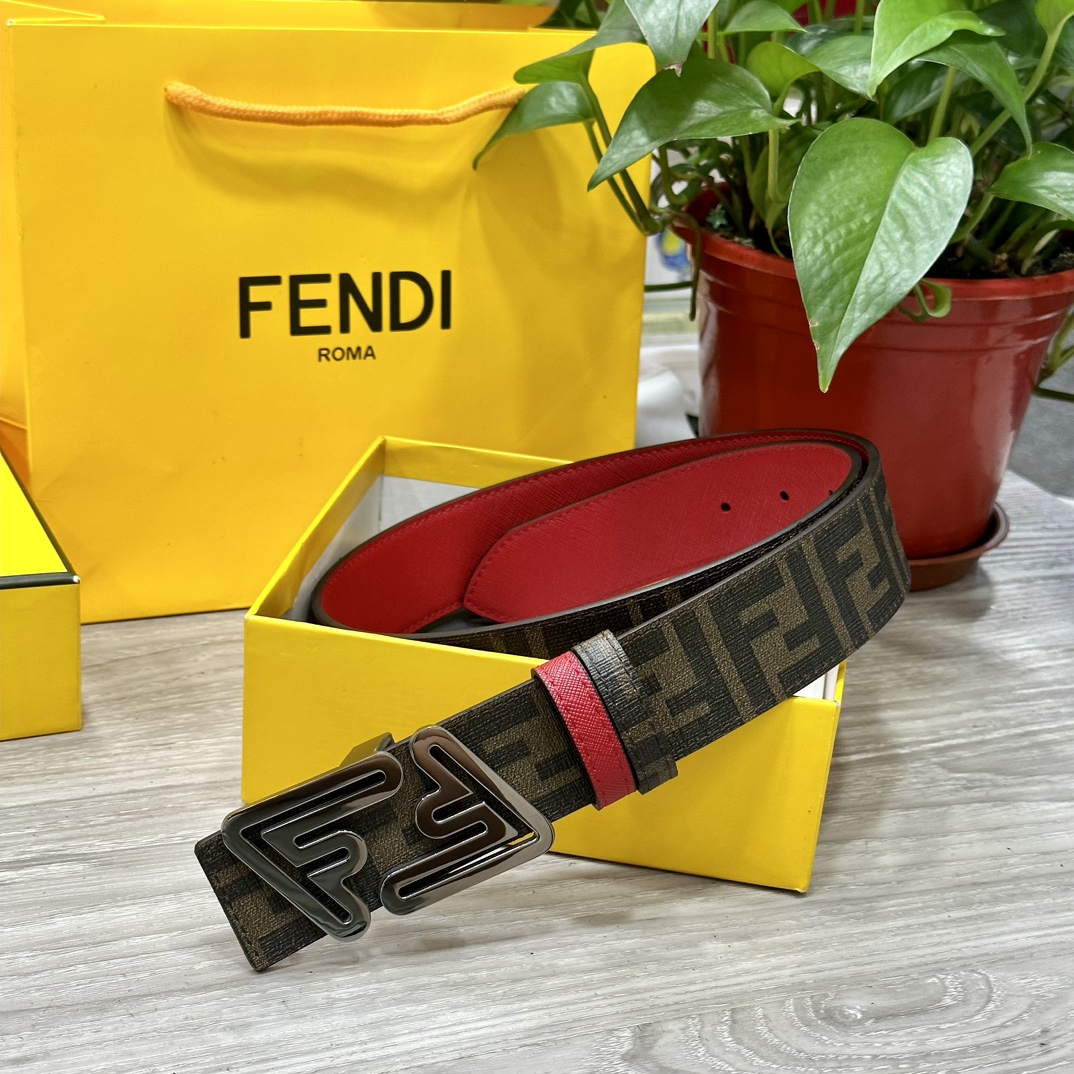 FENDI（芬迪）专柜同款 宽4.0CM 双环正反用腰带 FF按钉搭扣