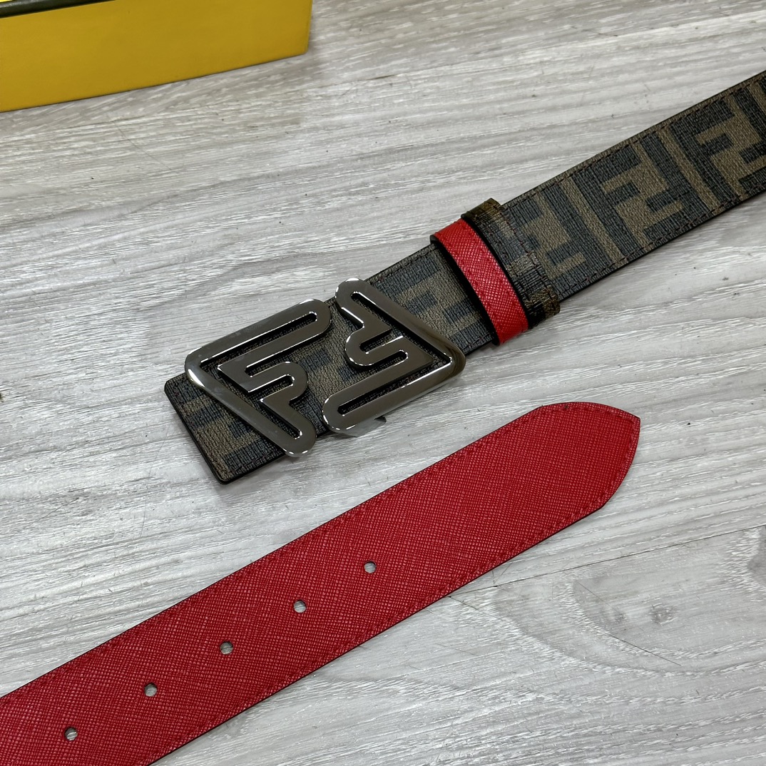 FENDI（芬迪）专柜同款 宽4.0CM 双环正反用腰带 FF按钉搭扣