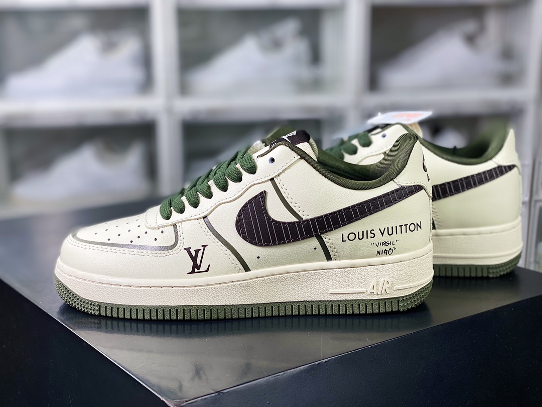 Louis Vuitton x Nike Air Force 1 07 LV8 Low ”Beige/Army Green/Black LV” Air Force One Sneakers ”Cream White Army Green Black LV Stripe Print” CT3228-400