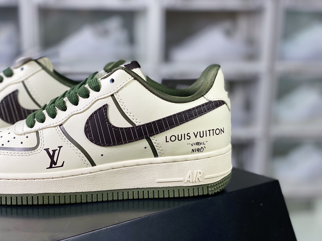 Louis Vuitton x Nike Air Force 1 07 LV8 Low ”Beige/Army Green/Black LV” Air Force One Sneakers ”Cream White Army Green Black LV Stripe Print” CT3228-400