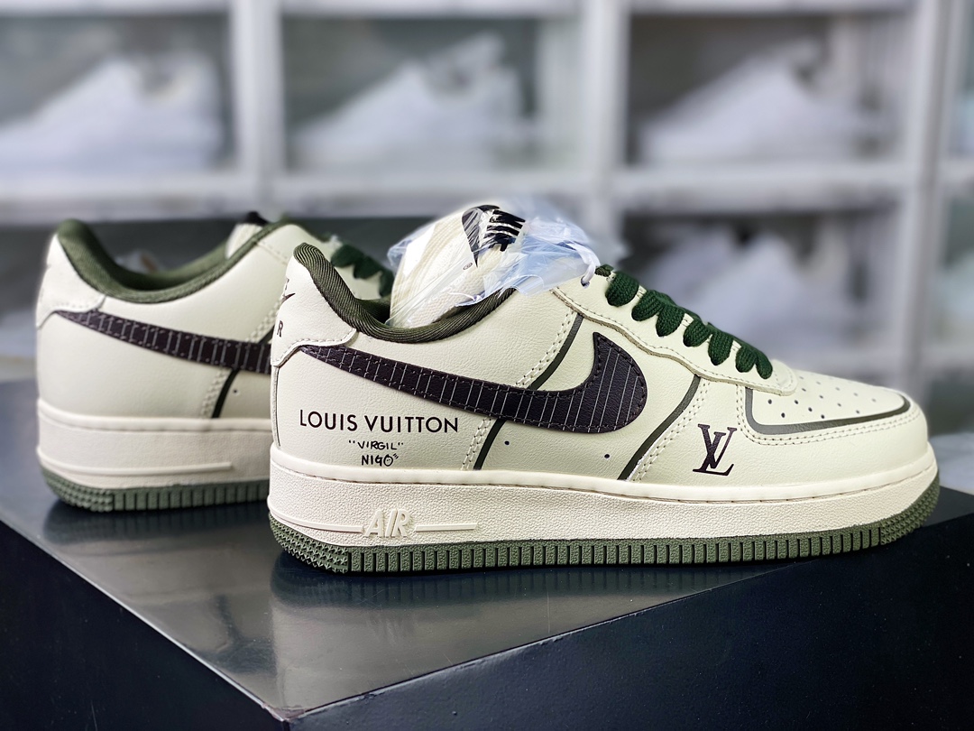 Louis Vuitton x Nike Air Force 1 07 LV8 Low ”Beige/Army Green/Black LV” Air Force One Sneakers ”Cream White Army Green Black LV Stripe Print” CT3228-400