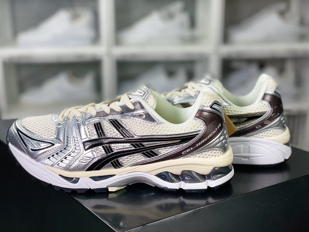 ASICS Gel Kayano 14 ”Silver White/Milk/Navy” series running shoes ”Space Silver Milk White Black Coffee Brown” 1201A019-108