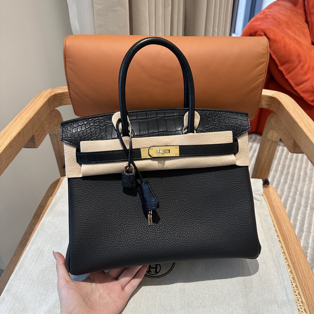 Hermès Hermes Birkin30 touch black calfskin togo spelled with real American crocodile silver buckle hand-stitched