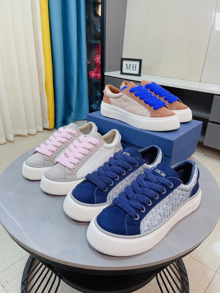 Dior Shoes Sneakers Blue Brown White Yellow Printing Women Men Cowhide Rubber Fall Collection Oblique Casual