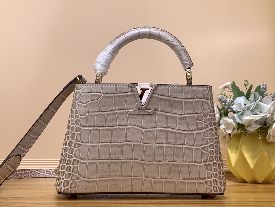 Louis Vuitton LV Capucines Bags Handbags Replica 1:1 High Quality
 Grey Light Gray Cowhide Crocodile Leather Goat Skin Sheepskin N48865