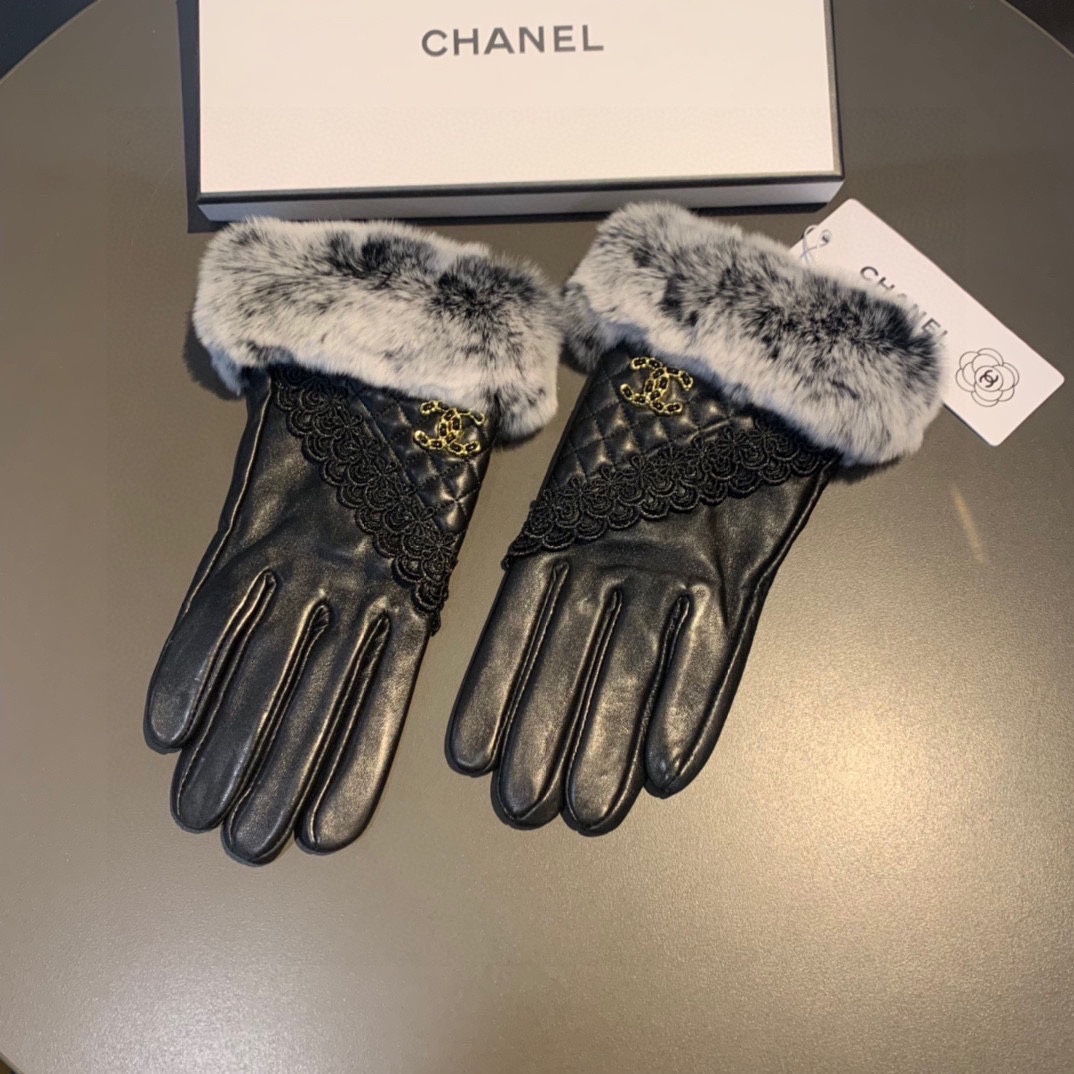 Chanel香奈儿2023蕾丝双C秋冬懒兔毛羊皮手套手机触屏值得对比同款不同品质秒杀市场差产品进口一级羊