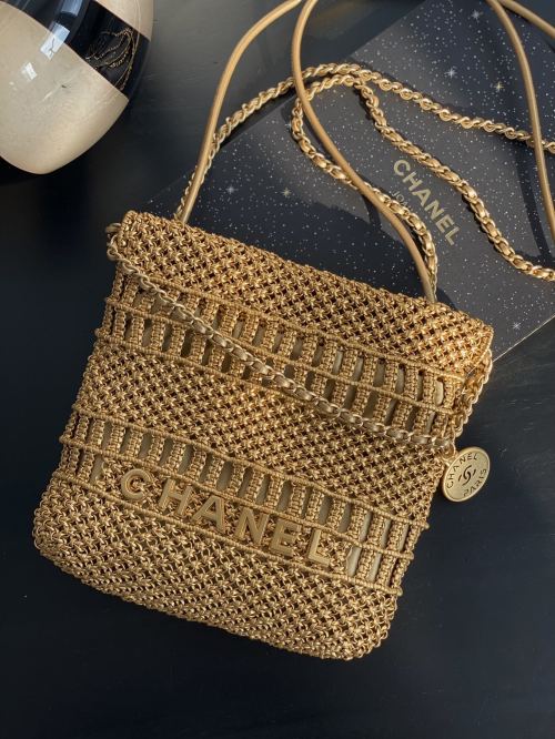 Chanel Mini 22 Bag: Gold Braided Leather, Versatile Crossbody and Shoulder Bag 1 Chanel Mini 22 Bag: Gold Braided Leather, Versatile Crossbody and Shoulder Bag