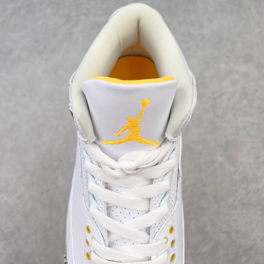 图片[5]-💰130 ＃PB版 福利特价‼Air Jordan AJ3 Retro 湖人白黄 CK9246-108 市场中端王者 全套原纸板楦头开发 原厂大底磨具加持立体防滑纹理 原装可视Air Sole气垫 原汁原味最完美的三代版型 唯一正确鞋头趴度弧度高度鞋身腰线 此版本只针对中端市场 皮料材质有所更替 其他数据细节工艺流程均保持一致 绝不口嗨 细节品控鞋型随意秒杀市面3XX 4XX 原厂TPU后跟饰片 正确内里反口里网布 皮料菱角分明不变形无多余毛边 正确手工大底描漆拉丝 市场唯一原厂鞋扣模具 原厂织唛标 原厂飞人电绣工艺 尾指中部跳三针 独家绑鞋带手法 印刷中底布 四线拉帮 米色美纹纸贴合固定 进口港宝加持 后跟自然饱满 全鞋荧光划线卡点 追求极致完美 每一双都是工艺品 多重QC质检 超越公司货的品控标准 实实在在的免检产品 尺码：40 40.5 41 42 42.5 43 44 44.5 45 45.5 46 47.5 编码：by2936000-运动鞋