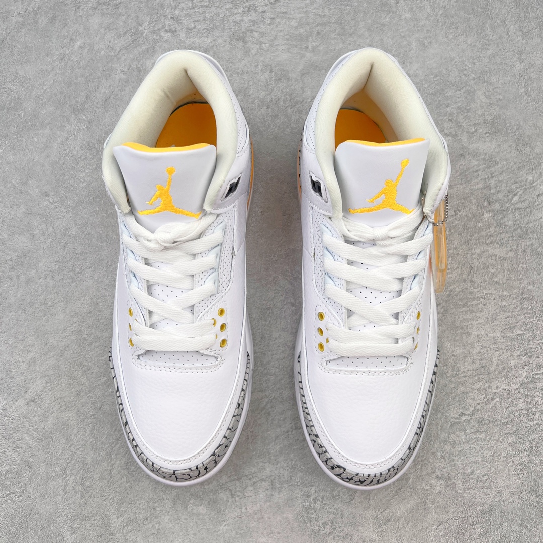 图片[2]-💰130 ＃PB版 福利特价‼Air Jordan AJ3 Retro 湖人白黄 CK9246-108 市场中端王者 全套原纸板楦头开发 原厂大底磨具加持立体防滑纹理 原装可视Air Sole气垫 原汁原味最完美的三代版型 唯一正确鞋头趴度弧度高度鞋身腰线 此版本只针对中端市场 皮料材质有所更替 其他数据细节工艺流程均保持一致 绝不口嗨 细节品控鞋型随意秒杀市面3XX 4XX 原厂TPU后跟饰片 正确内里反口里网布 皮料菱角分明不变形无多余毛边 正确手工大底描漆拉丝 市场唯一原厂鞋扣模具 原厂织唛标 原厂飞人电绣工艺 尾指中部跳三针 独家绑鞋带手法 印刷中底布 四线拉帮 米色美纹纸贴合固定 进口港宝加持 后跟自然饱满 全鞋荧光划线卡点 追求极致完美 每一双都是工艺品 多重QC质检 超越公司货的品控标准 实实在在的免检产品 尺码：40 40.5 41 42 42.5 43 44 44.5 45 45.5 46 47.5 编码：by2936000-运动鞋